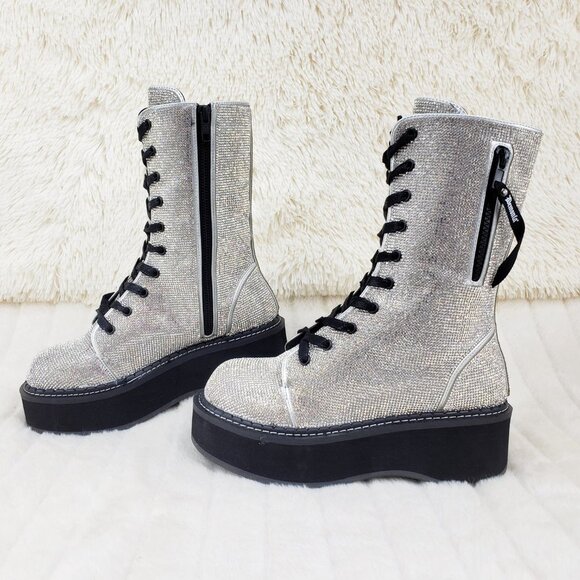 Super Sparkle Iridescent Rhinestone Platform Combat Mid Calf Boots 362 Emily - Picture 16 of 17